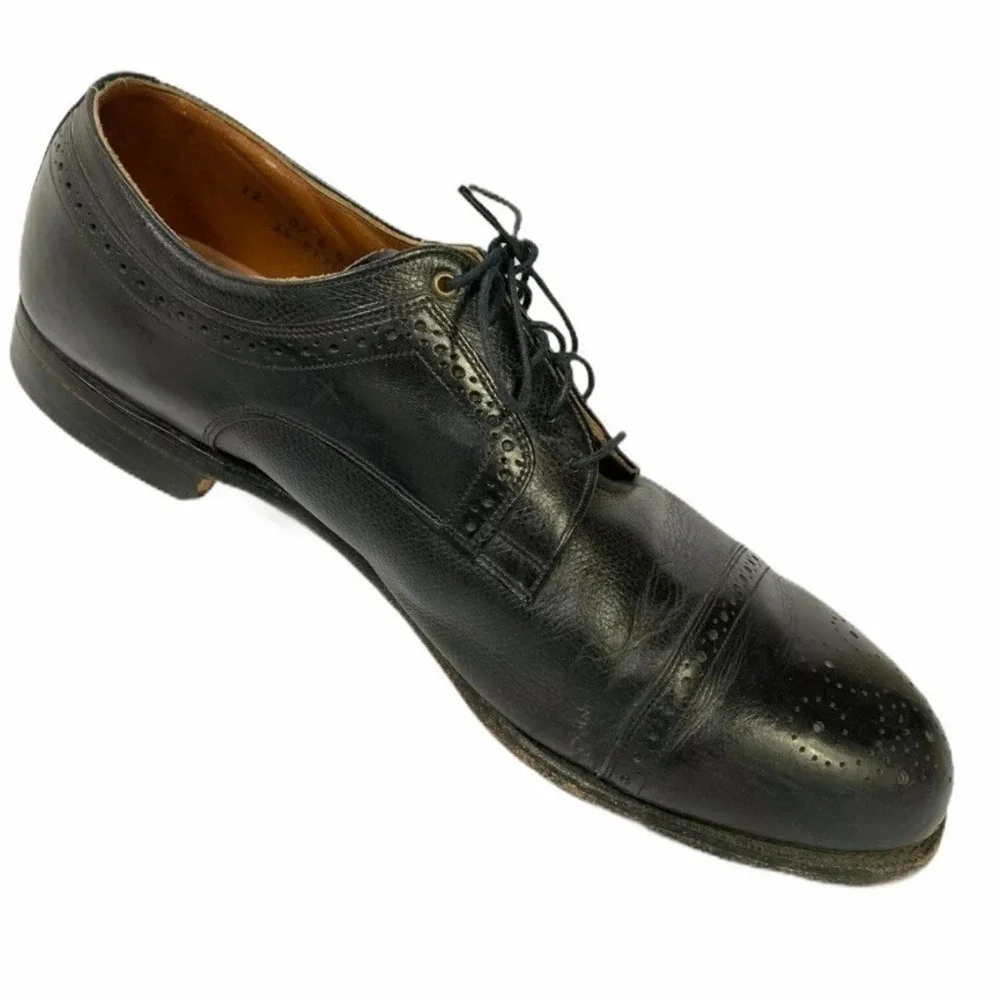 Johnston  Murphy Aristocraft Mens 12 D Black Leather Cap Toe Brogue Oxford Shoes